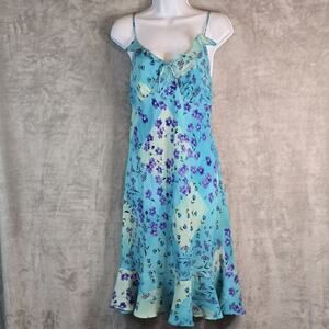 Vintage Y2K Babydoll Midi Slip Dress Floral Size 10 Ruffle Blue 90s